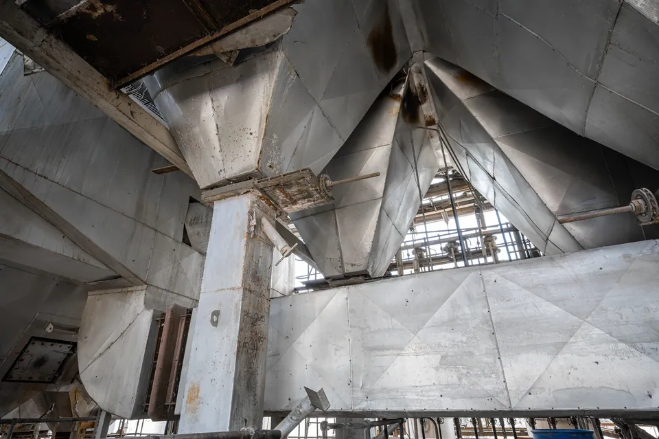 Hopper and support structure viewed upward